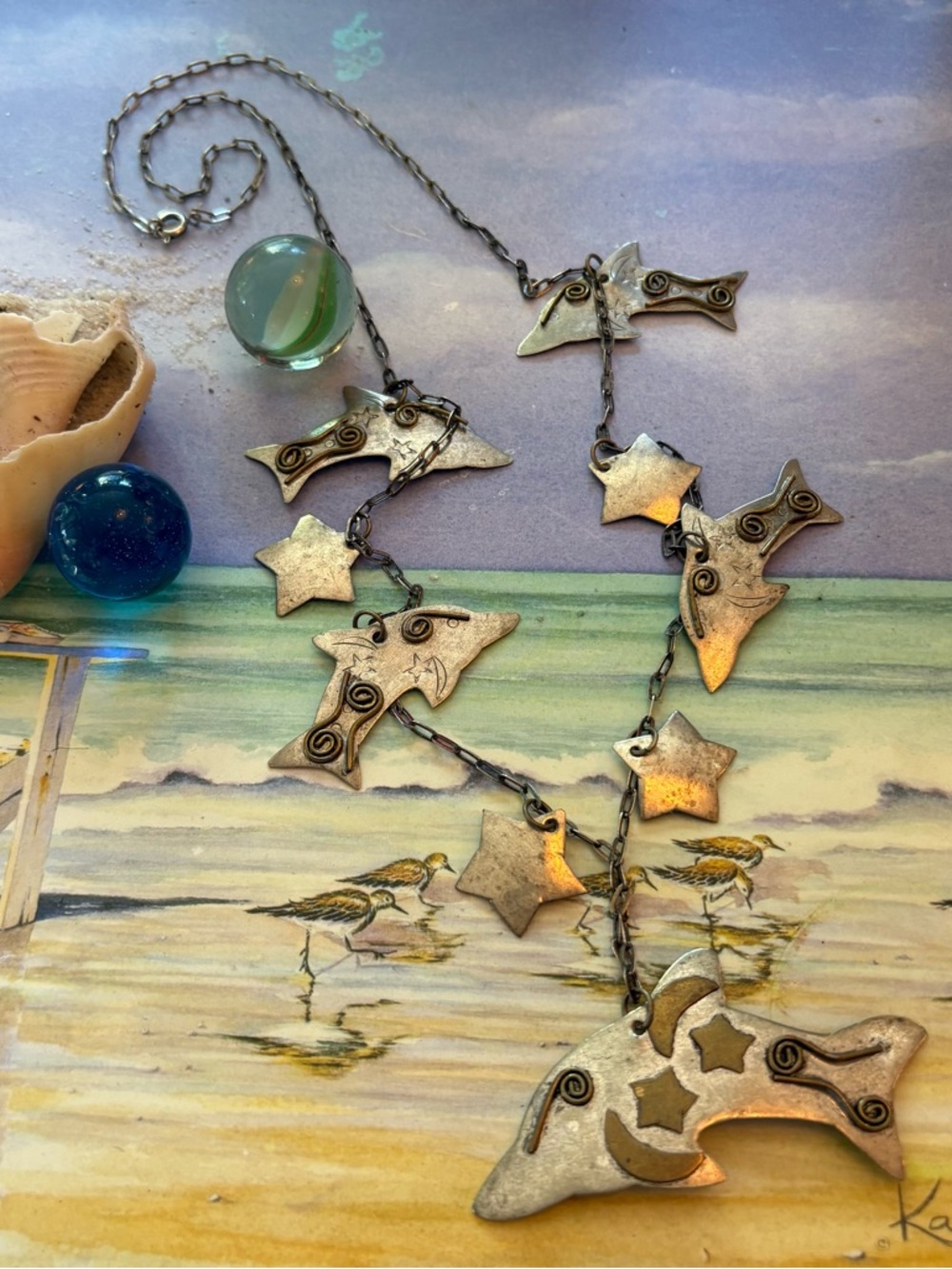 Artisan Sea Dolphin Coastal Handmade Art Metal Necklace